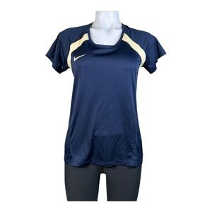 NIKE Shirt Womens XS Navy Blue Gold Dri Fit Round Neck Performance Short Sleeve